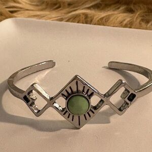 Silver Geometric Cuff Bracelet with Green Stone